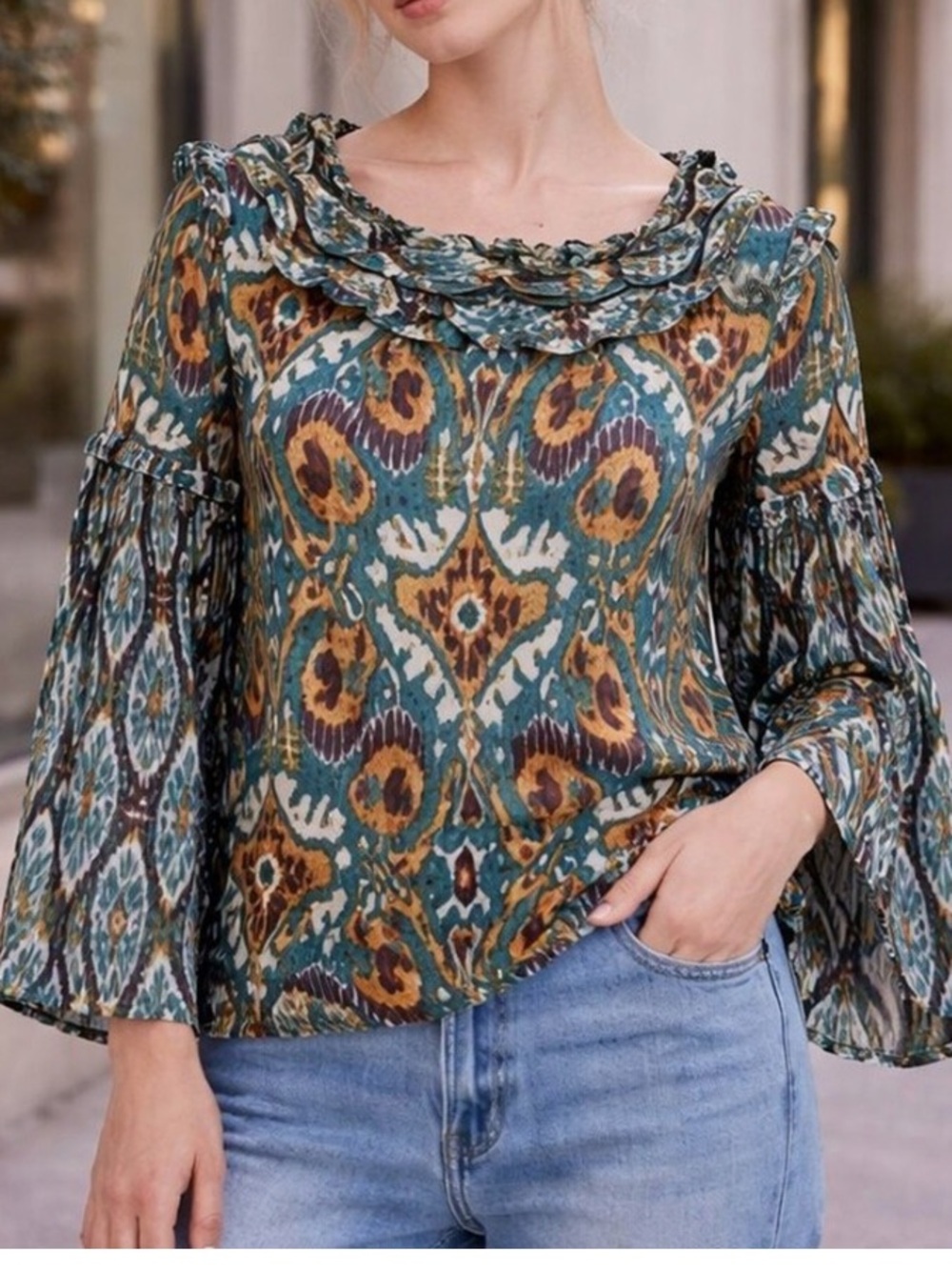 Tory Burch Teal, Mustard & Brown Ikat-Style Blouse SZ 4. EUC